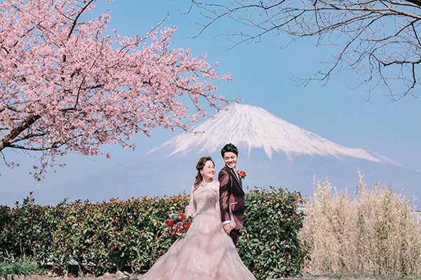 静岡市・富士市・沼津市の結婚式プロデュースと無料式場紹介の「はなといろ」の富士山＆海の結婚スタイルの画像・富士山と桜の結婚記念写真