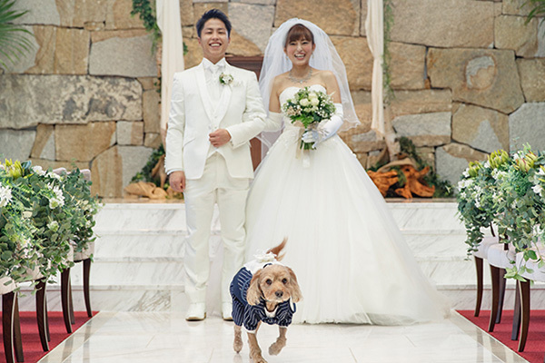 静岡市・富士市・沼津市の結婚式プロデュースと無料式場紹介の「はなといろ」の記念写真・ラピスアジュールでの愛犬と一緒の新郎新婦